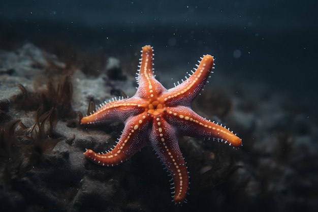 A starfish is swimming in the ocean