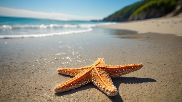 A starfish on sandy beach with ocean backdrop capturing summer vibes