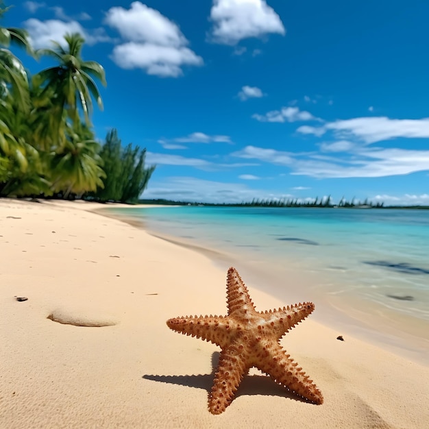 A starfish on a sandy beach with palm trees and a blue ocean in the background