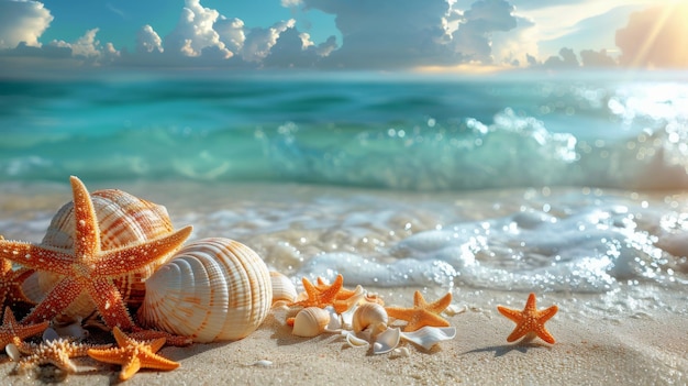 Starfish and Seashells on Sandy Beach