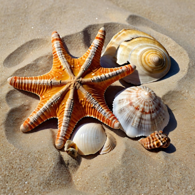 a starfish and shells are on the sand in the sand