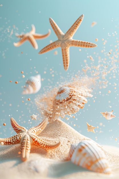 Starfish and shells levitation in air over sand with sparkling particles against blue background