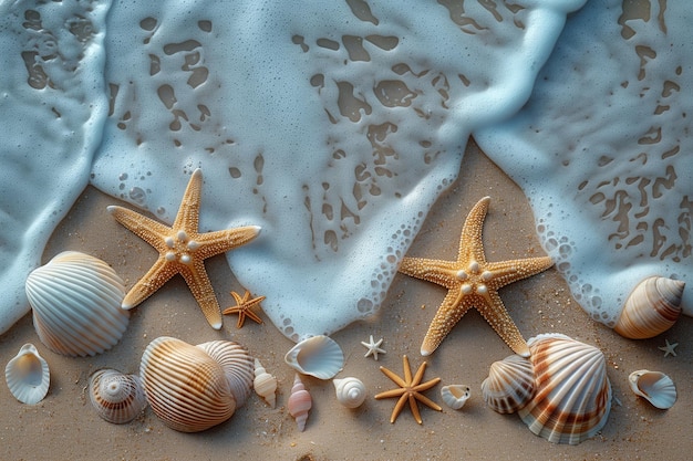 Starfish Shells and Waves Caressing the Sandy Shoreline