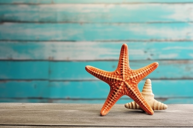 A starfish sits on a wooden table with a blue background.