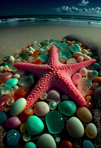 Starfish sitting on top of a pile of shells generative ai