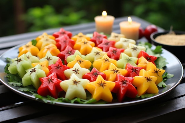 Starfruit with a slice cut out and arranged on a plate of sushi rolls Starfruit image photography