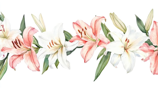 Photo stargazer lilies watercolor floral garland vignette with white and pink lilies