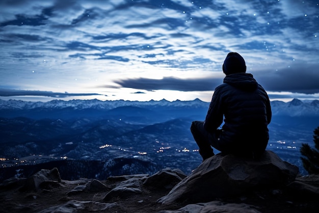 Stargazer views constellation panorama from snowy peaks solitary vantage point