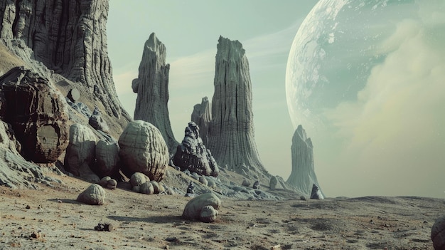 Photo stark alien landscape with towering rock formations and a massive partially visible planet in the sky evoking a sense of otherworldly awe and mystery