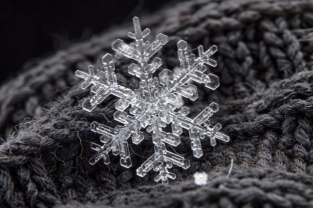 Photo stark beauty of a snowflake on dark wool