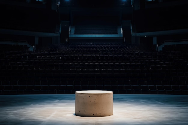 Photo stark empty pedestal in the center of a dark performance stage