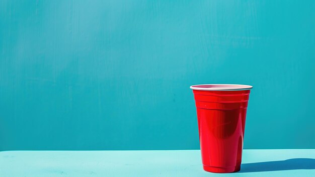 A stark red plastic cup stands out on a bold turquoise blue background reflecting simplicity