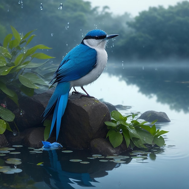 Starling perched on branch looking into forest generated by AI