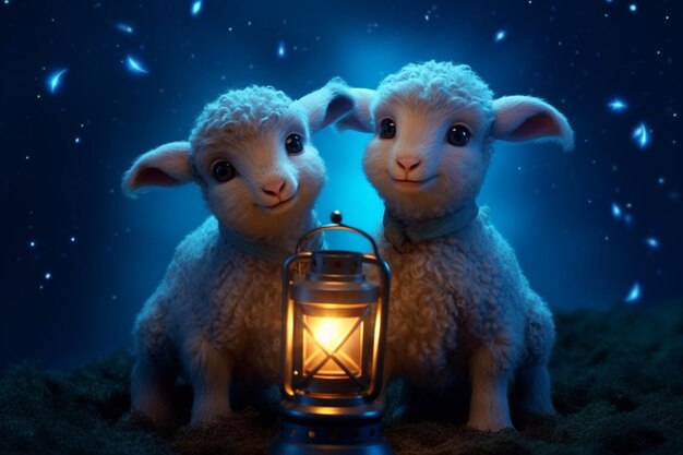 Starlit blue scene with lamb twins near a glowing lantern