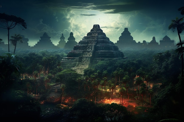 Starlit Rituals Mayan Pyramids Towering Over the Jungle's Veil