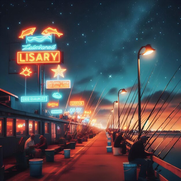 Photo under a starlit sky neon signs flicker softly along the marina as patient fishermen wait with bait