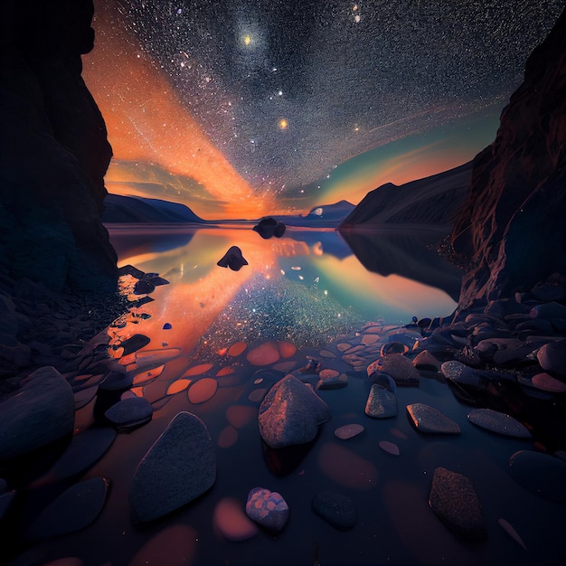 Starr eyed view of a lake with rocks and bright orange glow generative ai