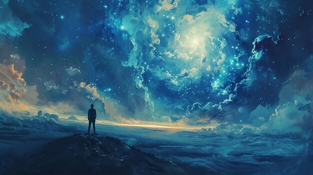 starr sky with a man standing on a mountain looking at the stars generative ai