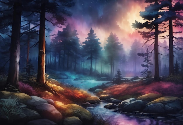 Starry Enchantment A Wallpaper of an Enchanted Forest Multicolored Clouds and Moonlit Night Sky