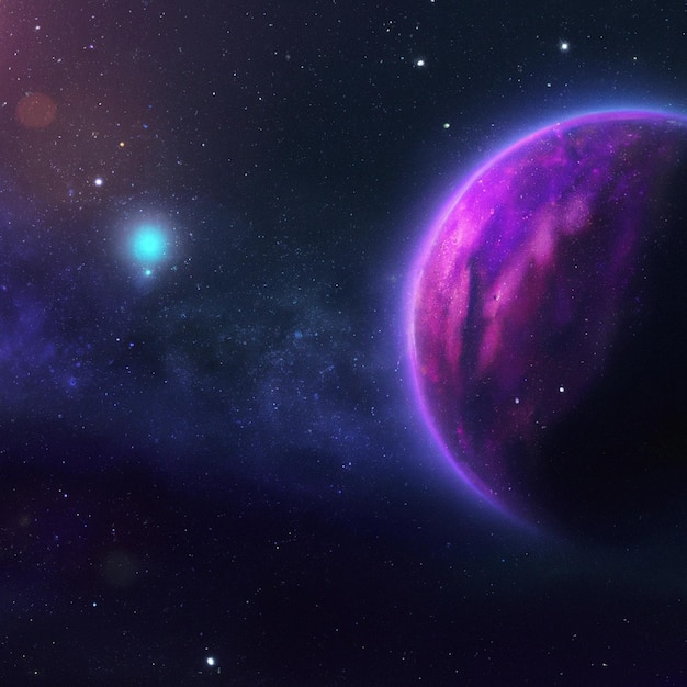 A starry galaxy in the universe with a purple planet