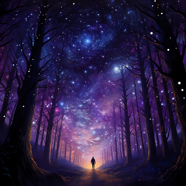 starry and magical night space forest landscape for imaginary realm for poster and wallpaper