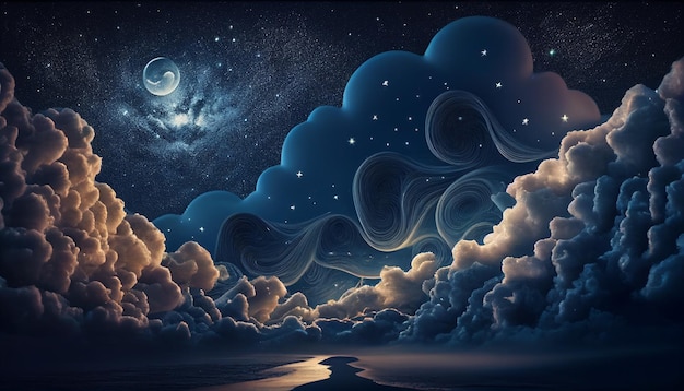 Starry night background with wavy clouds