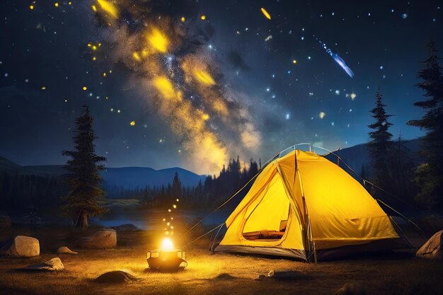 Starry night camp Yellow light inside tent shooting stars backdrop Capturing the essence