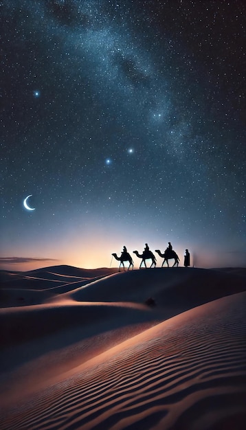 Starry night desert with camel riders silhouette