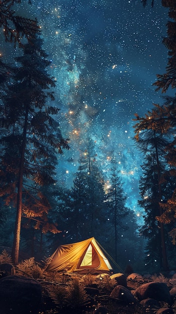 starry night in the forest with a tent and trees generative ai