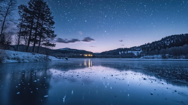 Photo starry night over frozen lake and forest