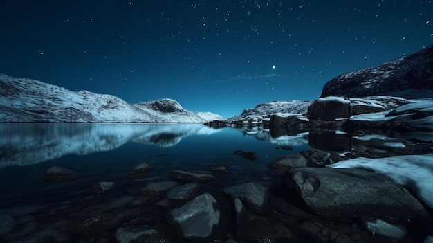 A starry night over a mountain lake