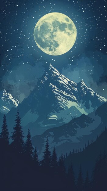 Starry night over mountain peaks with full moon