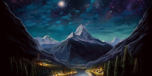 A starry night over a mountain scene