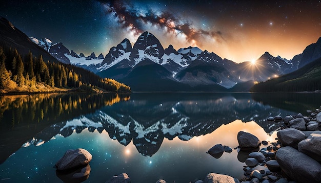 Photo starry night over nature mountains