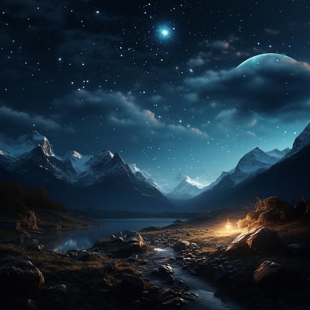 starry night scene with a campfire and mountains generative ai