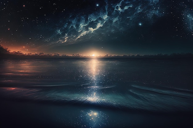 Starry night at sea with a nebula star fall and water reflections on the horizon