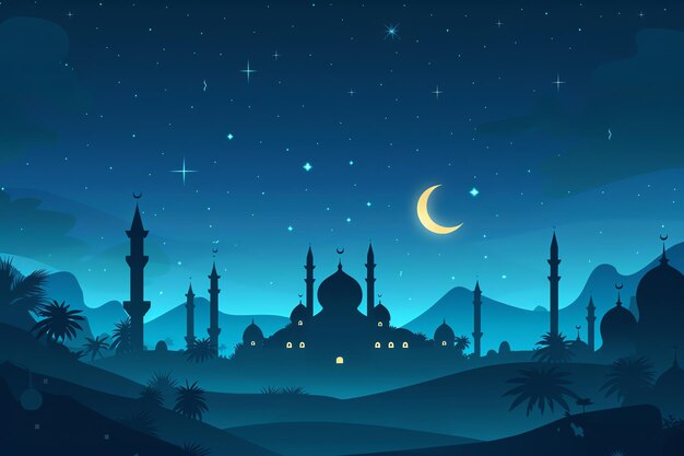 Starry night silhouette greeting card for mawlid al nabi in dark blue colors