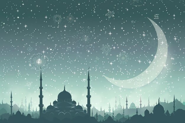 Starry night silhouette greeting card for mawlid al nabi in silver colors