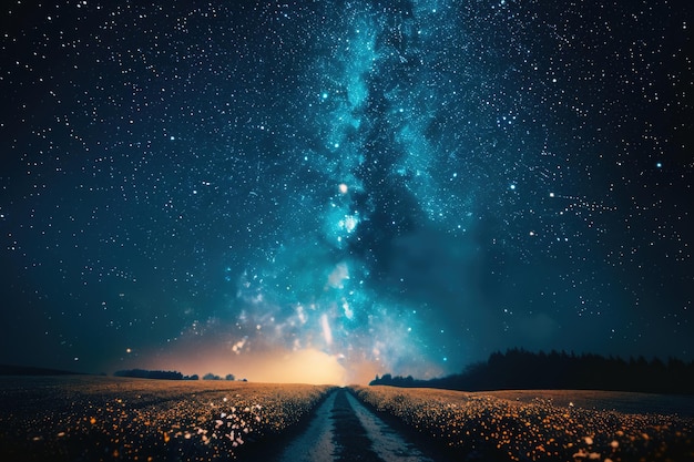 Photo starry night sky over blooming orchard and country road