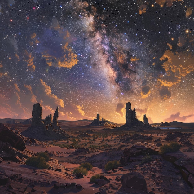 Photo a starry night sky over a desert landscape with towering rock formations