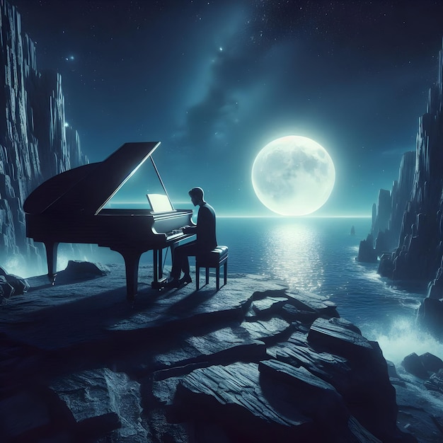 Photo under the starry night sky a grand piano gleams in the moonlight on a cliff overlooking the ocean