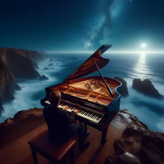 Photo under the starry night sky a grand piano gleams in the moonlight on a cliff overlooking the ocean