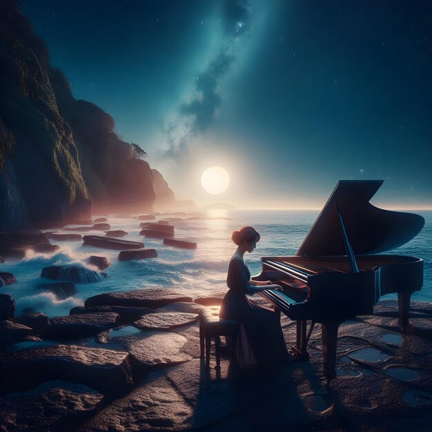 Photo under the starry night sky a grand piano gleams in the moonlight on a cliff overlooking the ocean