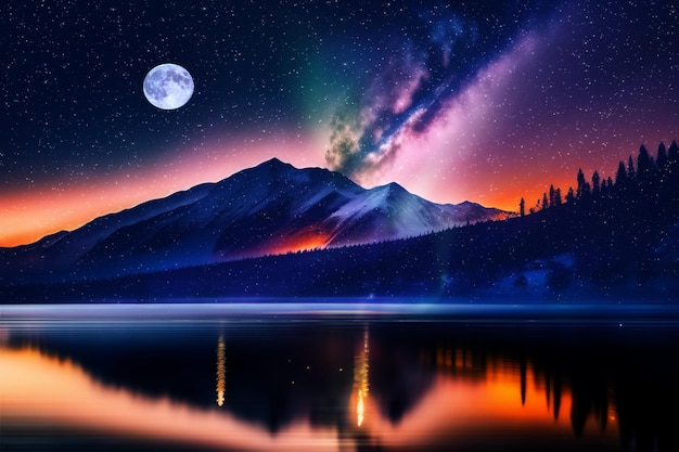 starry night sky and moon on sea mountains on horizon seawater blurred light reflection Aurora