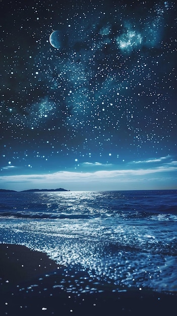 Photo starry night sky over the ocean with a moon and stars generative ai