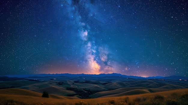 Starry night sky over a quiet countryside with rolling hills and a hint of the Milky Way