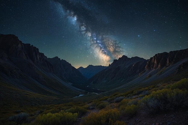 A starry night sky over a remote mountain landscape