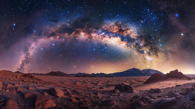 Starry night sky over rocky desert landscape breathtaking view of Milky Way galaxy