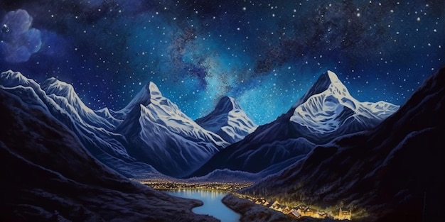 A starry night sky over a snowy mountain range.