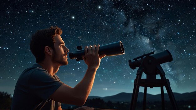 Photo starry night sky with animated jack stargazing